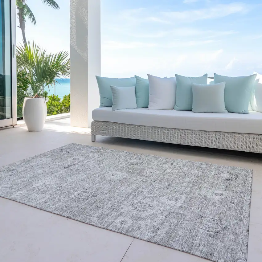 Gray And Silver Damask Washable Indoor Outdoor Area Rug Photo 7