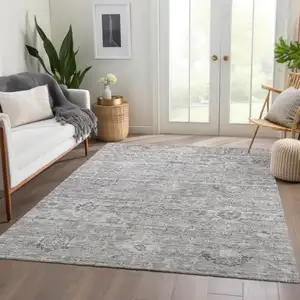 Photo of Gray And Silver Damask Washable Indoor Outdoor Area Rug