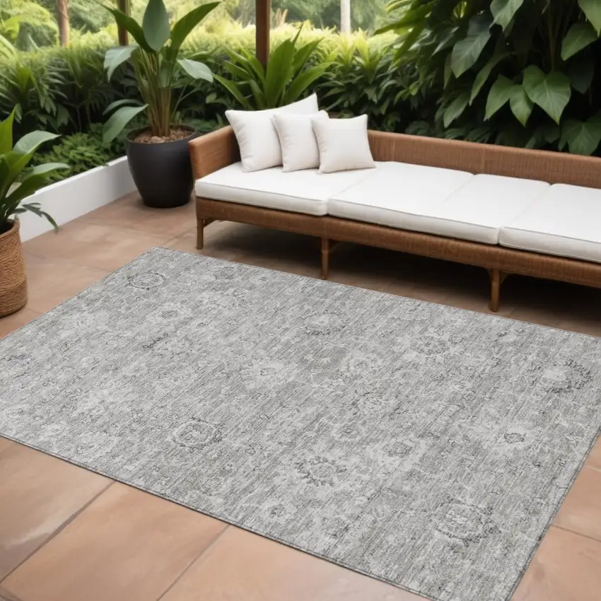 Gray And Silver Damask Washable Indoor Outdoor Area Rug Photo 1