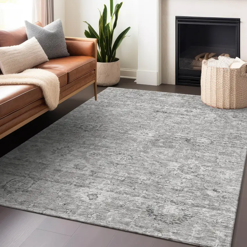 Gray And Silver Damask Washable Indoor Outdoor Area Rug Photo 8