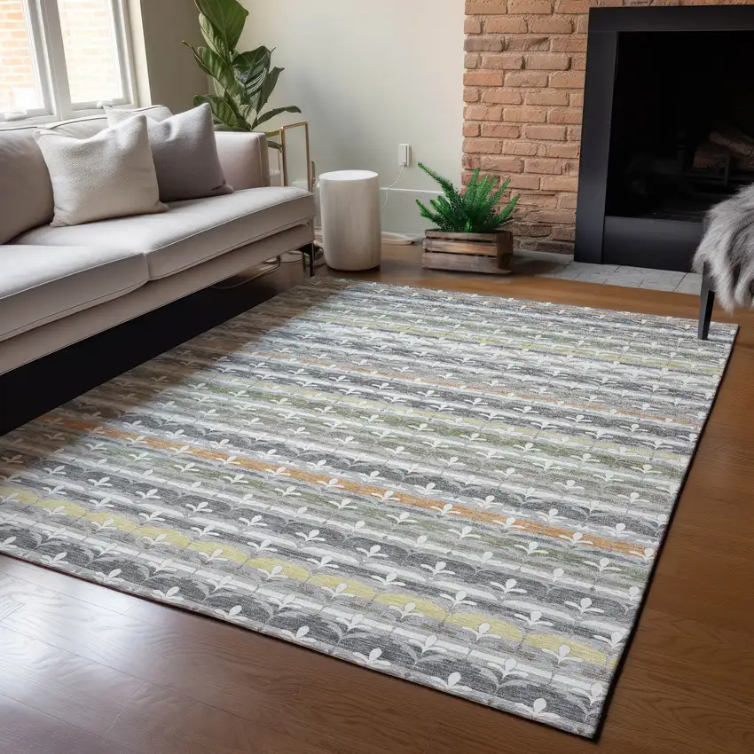 Gray And Silver Damask Washable Indoor Outdoor Area Rug Photo 5