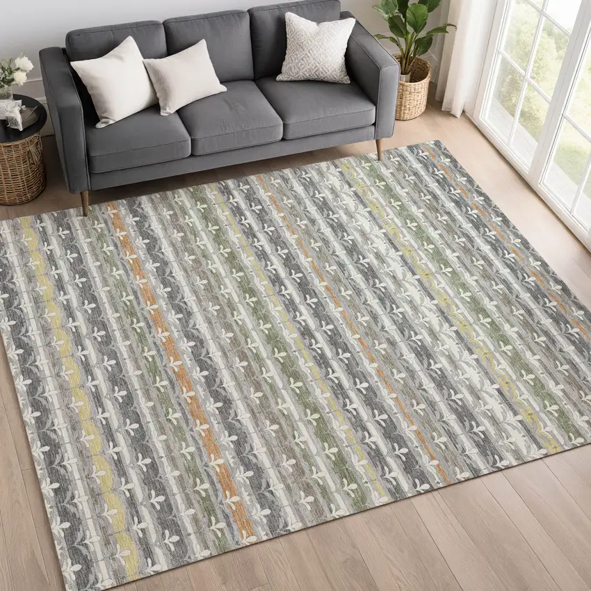 Gray And Silver Damask Washable Indoor Outdoor Area Rug Photo 6
