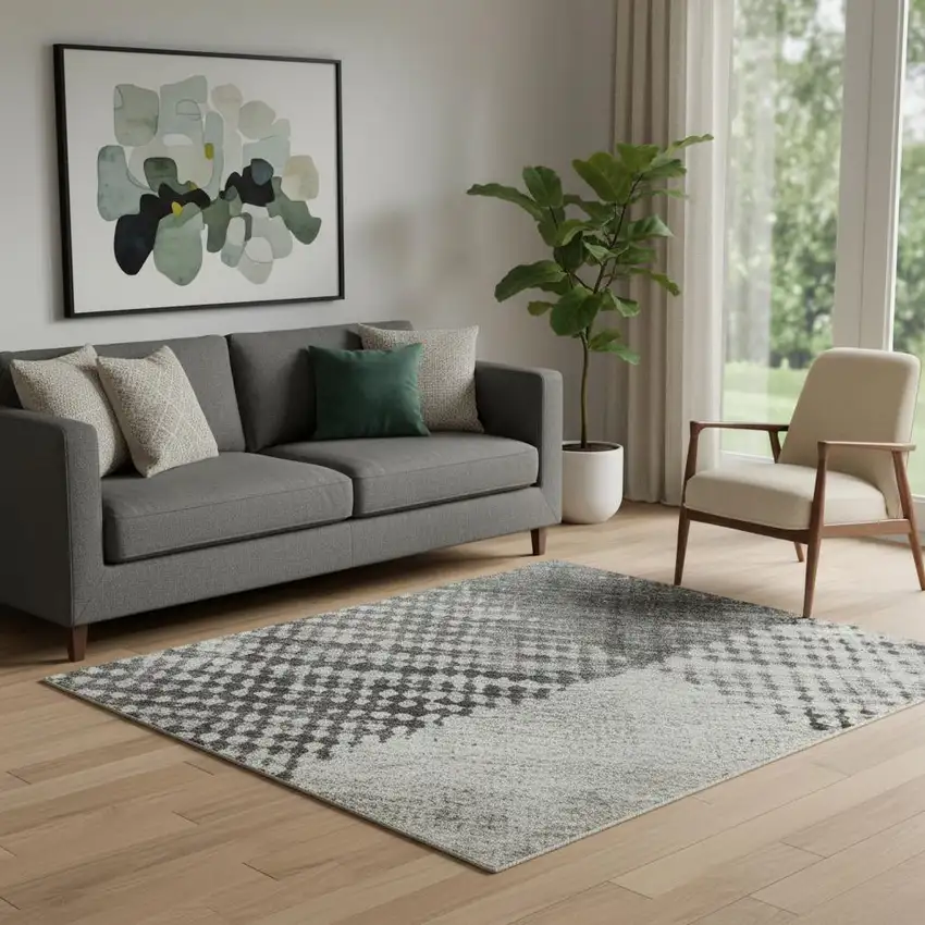 Gray And Silver Diamond Washable Area Rug With UV Protection Photo 2