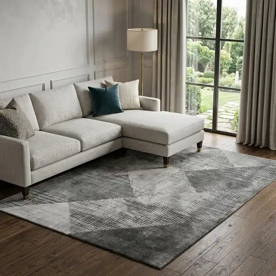 Gray And Silver Diamond Washable Area Rug With UV Protection Photo 1