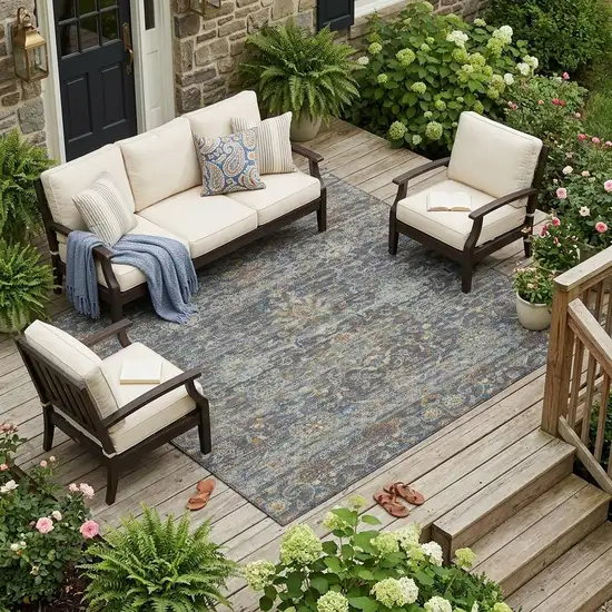Gray And Silver Floral Medallion Washable Indoor Outdoor Area Rug Photo 1