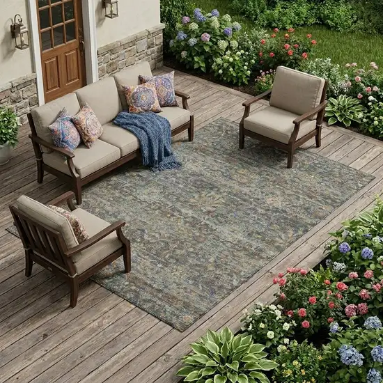 Gray And Silver Floral Medallion Washable Indoor Outdoor Area Rug Photo 1