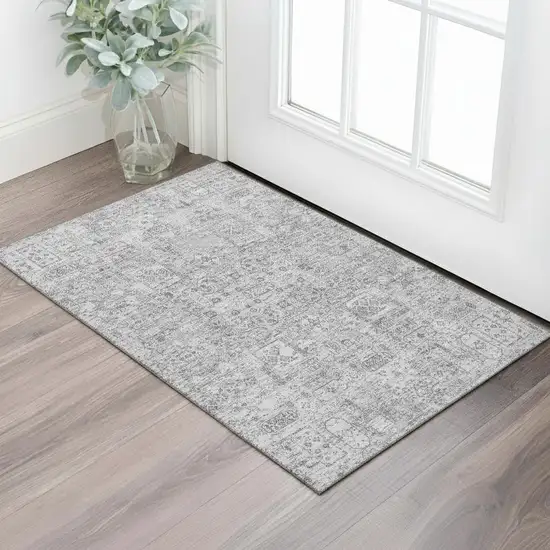 Gray And Silver Floral Washable Area Rug With UV Protection Photo 1