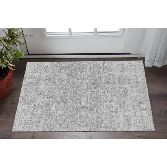 Gray And Silver Floral Washable Area Rug With UV Protection Photo 2