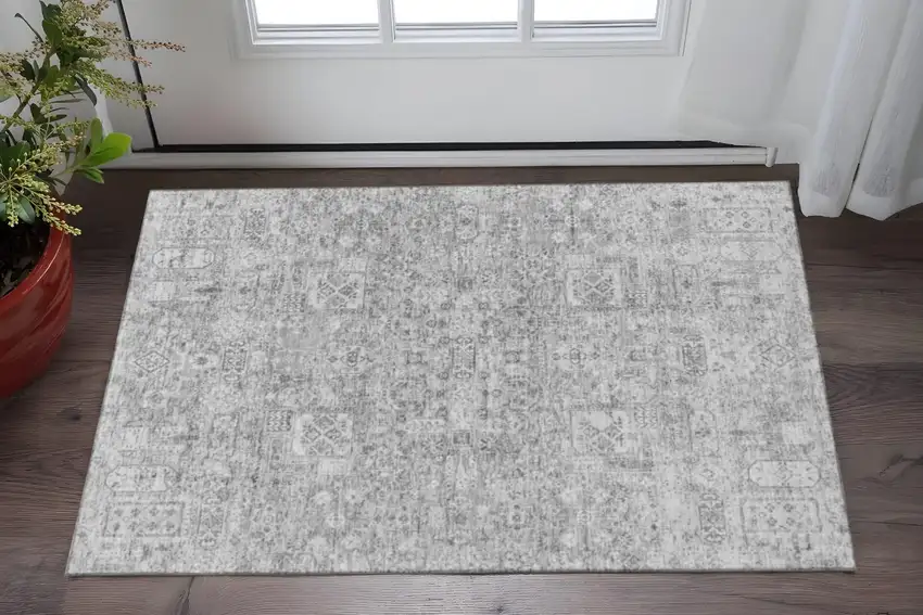 Gray And Silver Floral Washable Area Rug With UV Protection Photo 2