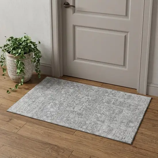 Gray And Silver Floral Washable Area Rug With UV Protection Photo 1