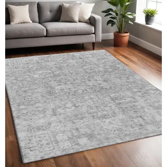 Gray And Silver Floral Washable Area Rug With UV Protection Photo 2
