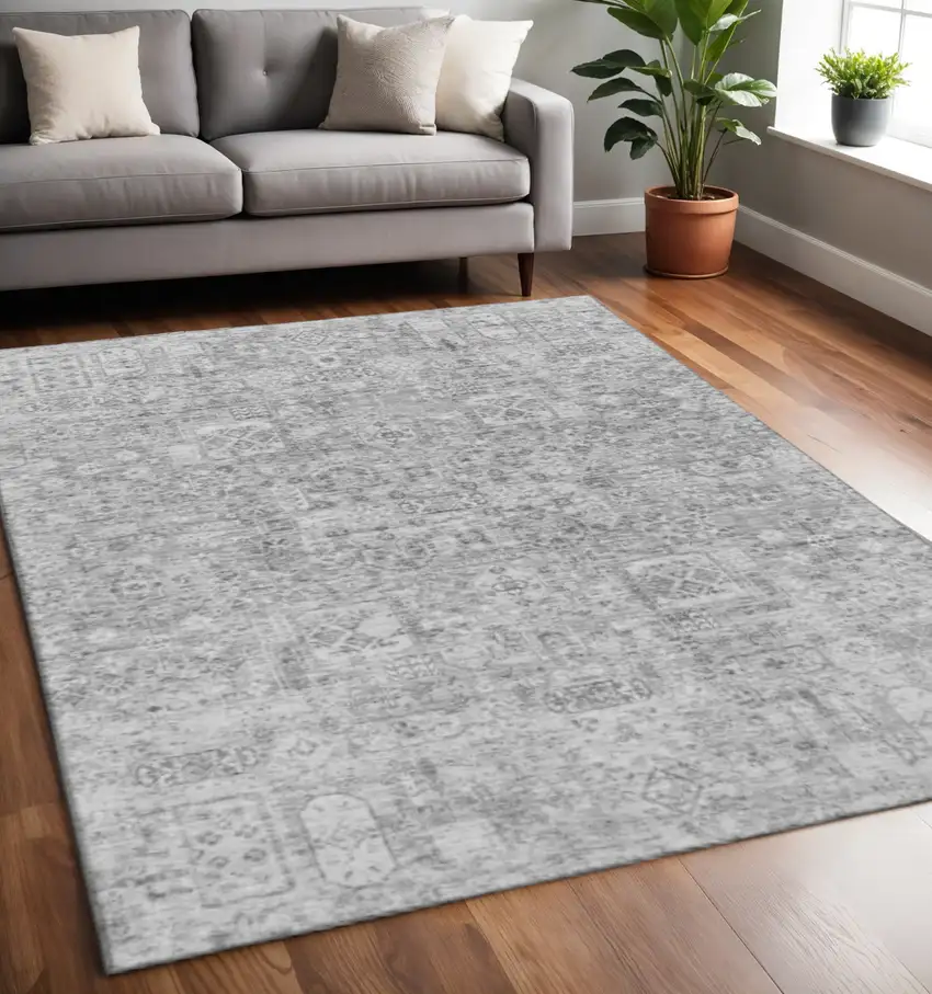 Gray And Silver Floral Washable Area Rug With UV Protection Photo 2