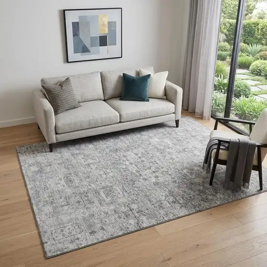 Gray And Silver Floral Washable Area Rug With UV Protection Photo 1