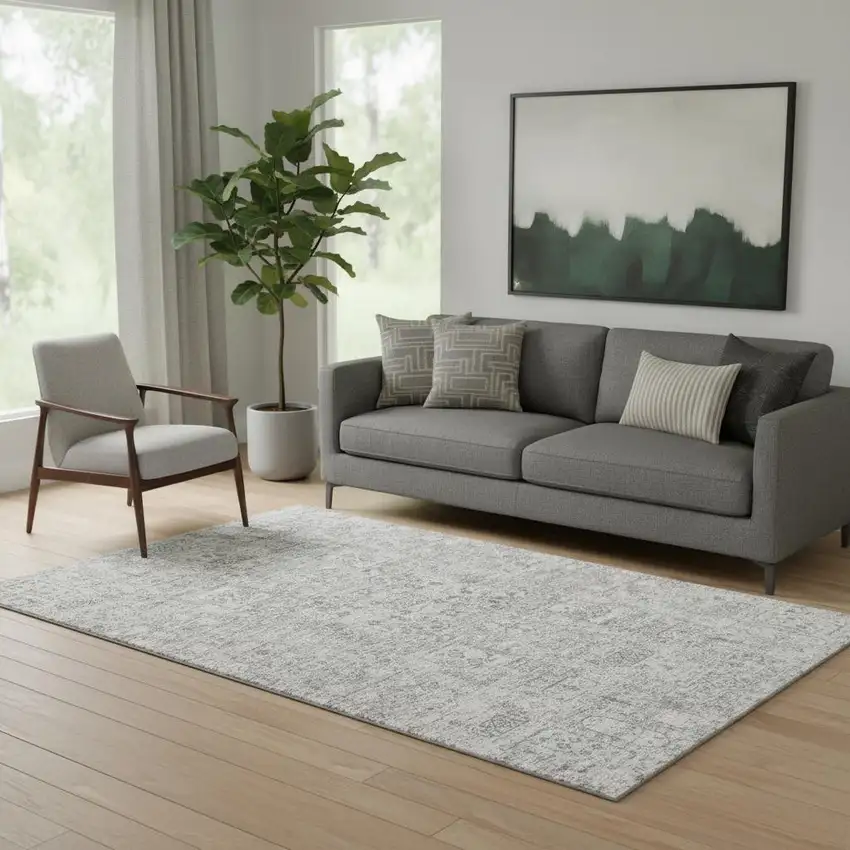 Gray And Silver Floral Washable Area Rug With UV Protection Photo 1