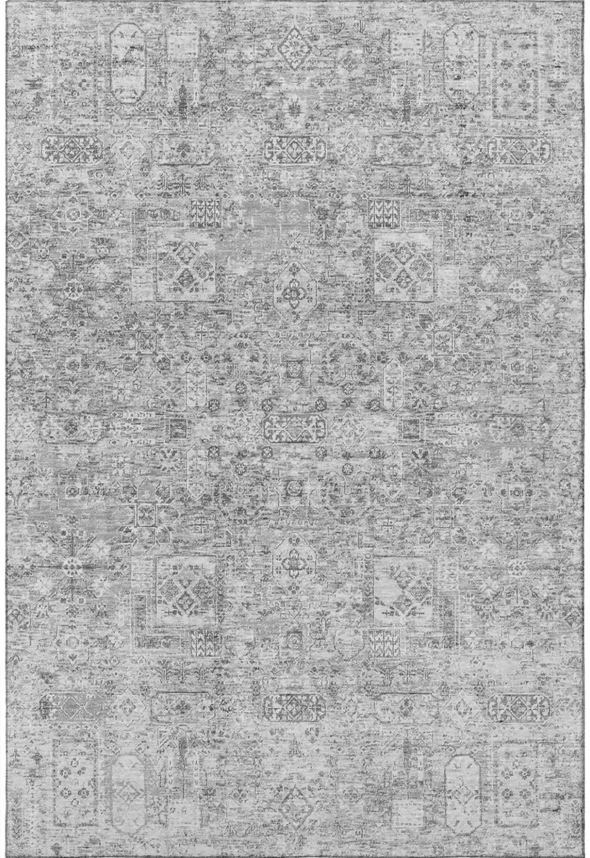Gray And Silver Floral Washable Area Rug With UV Protection Photo 4