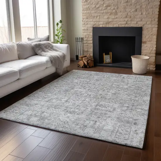 Gray And Silver Floral Washable Area Rug With UV Protection Photo 6
