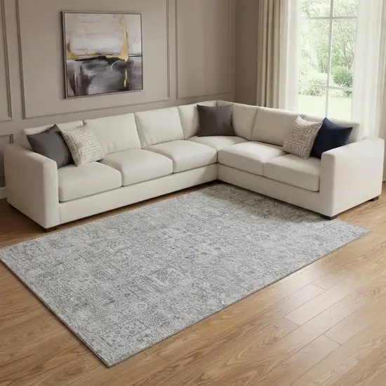 Gray And Silver Floral Washable Area Rug With UV Protection Photo 1