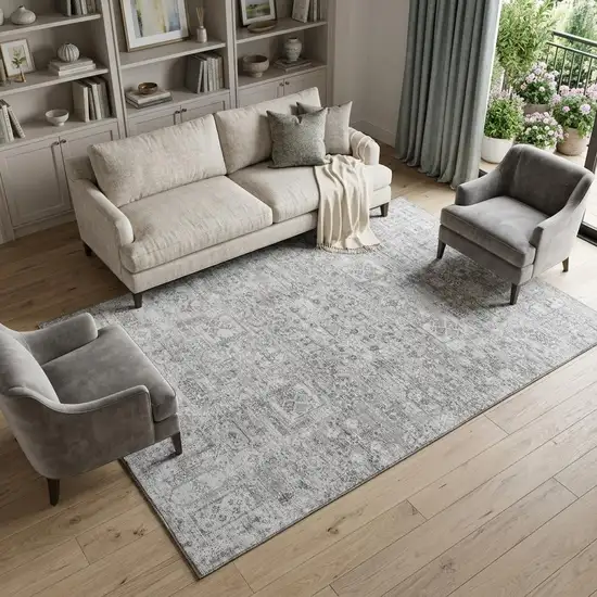Gray And Silver Floral Washable Area Rug With UV Protection Photo 1