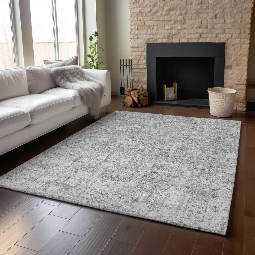Gray And Silver Floral Washable Area Rug With UV Protection Photo 6