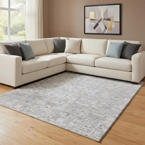 Gray And Silver Floral Washable Area Rug With UV Protection Photo 1