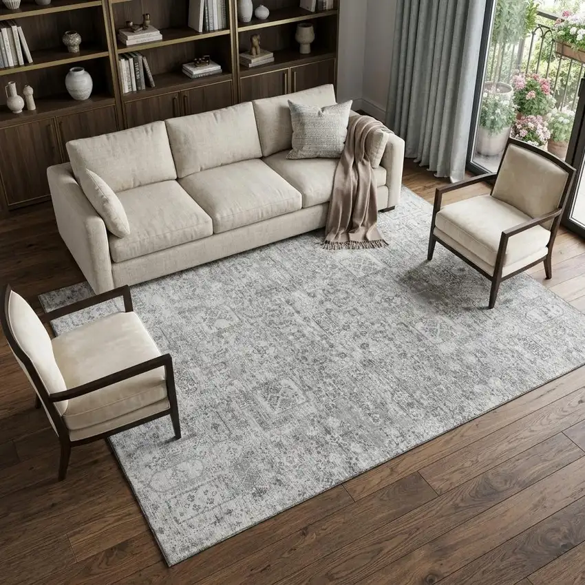 Gray And Silver Floral Washable Area Rug With UV Protection Photo 1