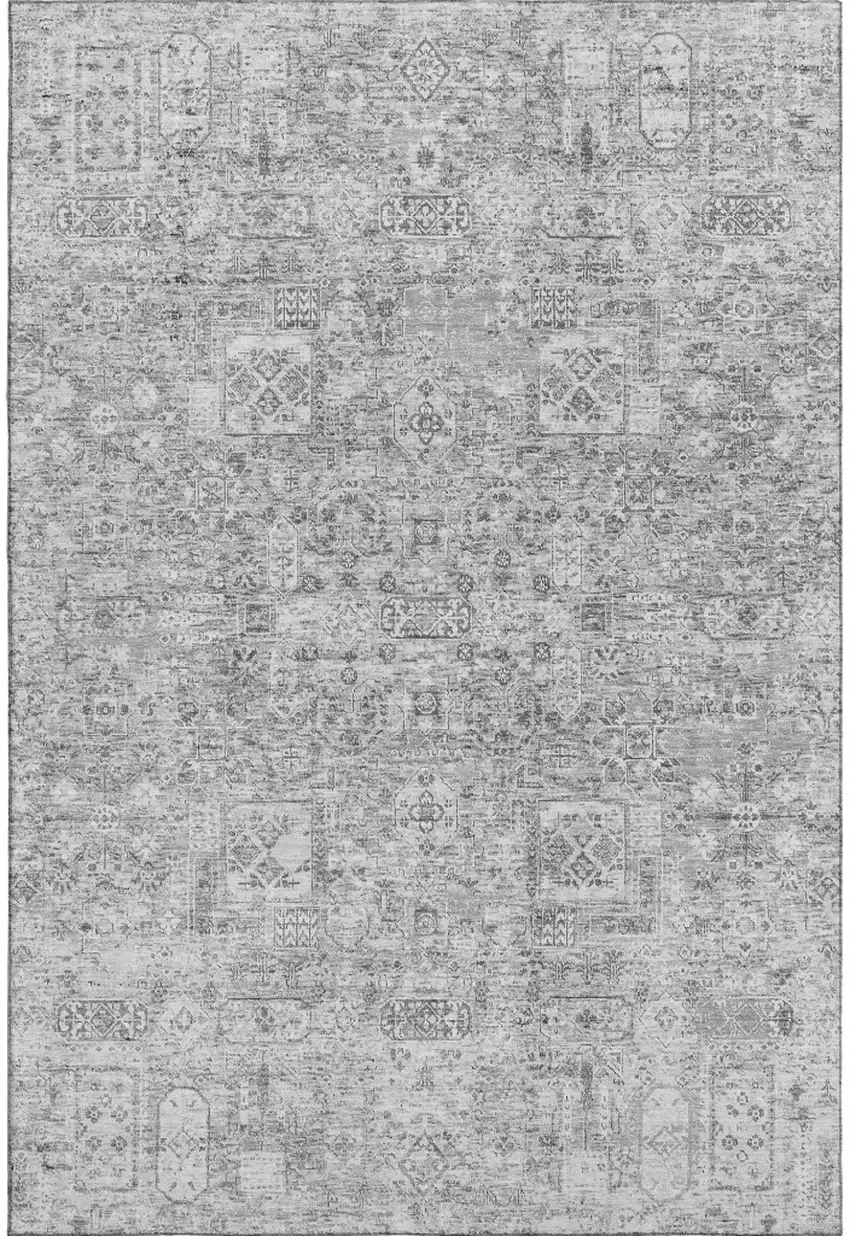 Gray And Silver Floral Washable Area Rug With UV Protection Photo 1