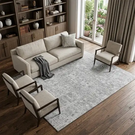 Gray And Silver Floral Washable Area Rug With UV Protection Photo 1