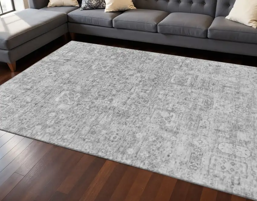 Gray And Silver Floral Washable Area Rug With UV Protection Photo 2