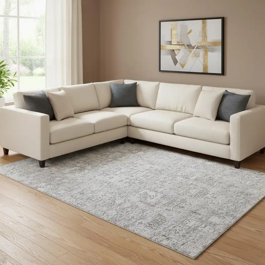 Gray And Silver Floral Washable Area Rug With UV Protection Photo 1