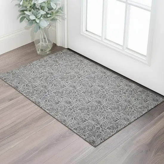 Gray And Silver Floral Washable Area Rug With UV Protection Photo 1