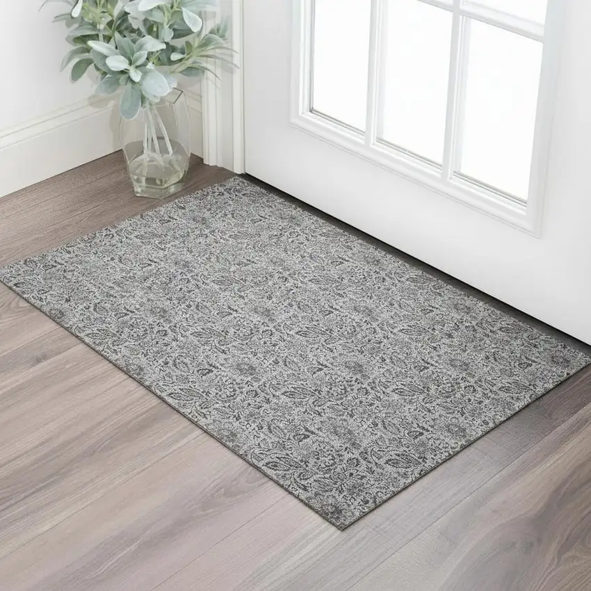 Gray And Silver Floral Washable Area Rug With UV Protection Photo 1