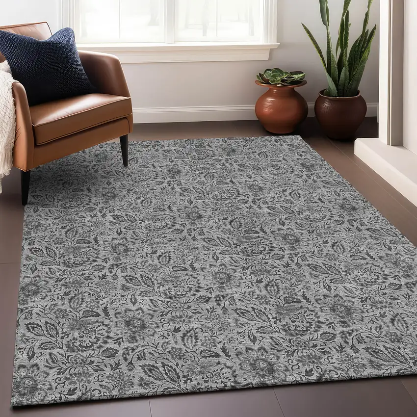 Gray And Silver Floral Washable Area Rug With UV Protection Photo 5