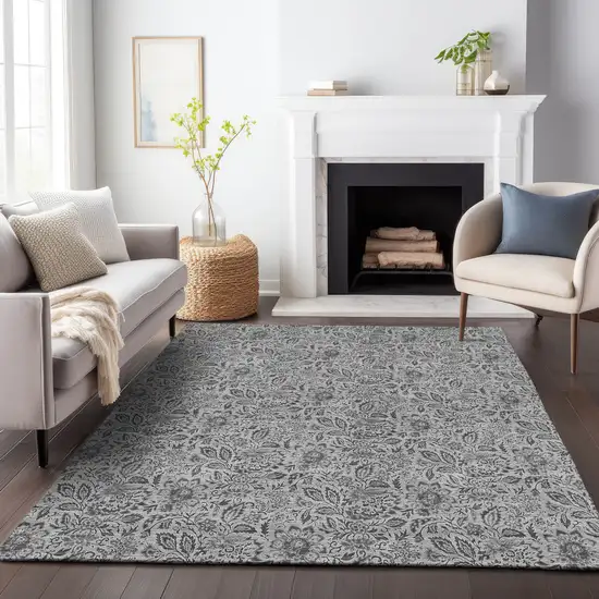 Gray And Silver Floral Washable Area Rug With UV Protection Photo 4