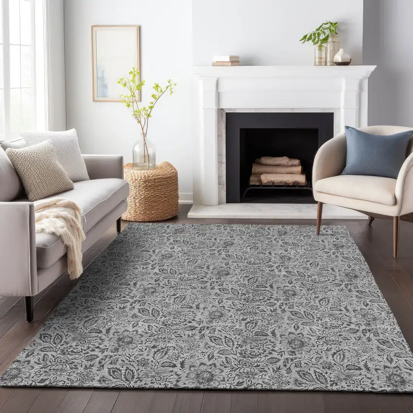 Gray And Silver Floral Washable Area Rug With UV Protection Photo 4
