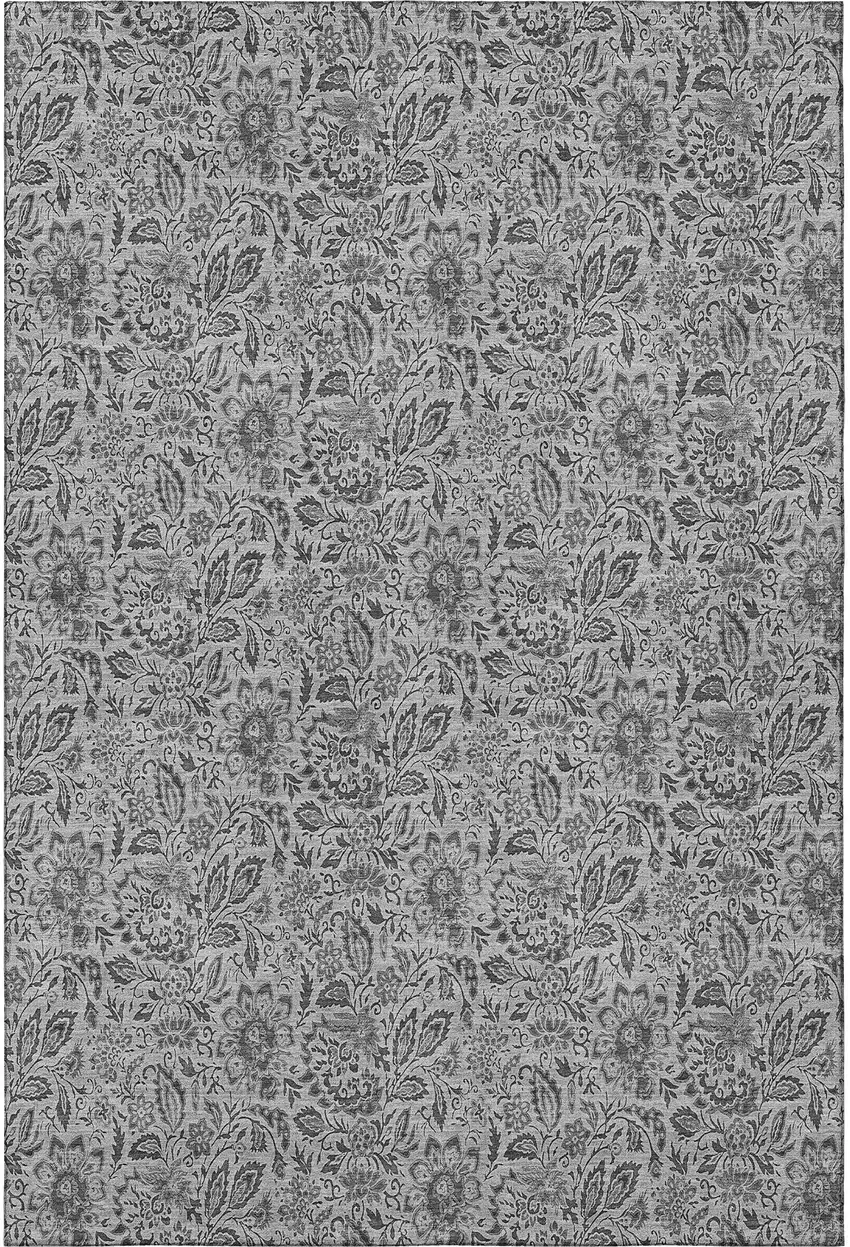 Gray And Silver Floral Washable Area Rug With UV Protection Photo 3