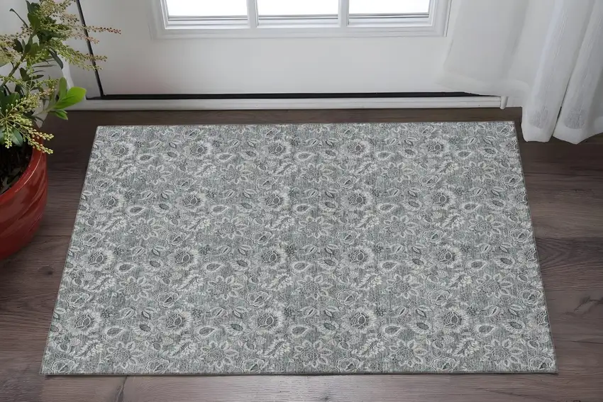 Gray And Silver Floral Washable Area Rug With UV Protection Photo 2
