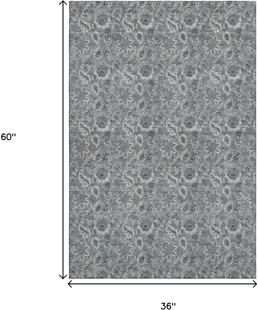 Gray And Silver Floral Washable Area Rug With UV Protection Photo 5