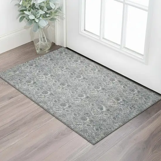 Gray And Silver Floral Washable Area Rug With UV Protection Photo 1