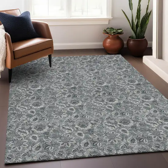 Gray And Silver Floral Washable Area Rug With UV Protection Photo 4