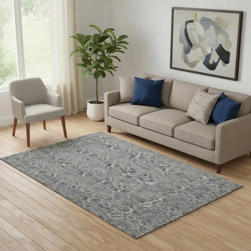 Gray And Silver Floral Washable Area Rug With UV Protection Photo 1