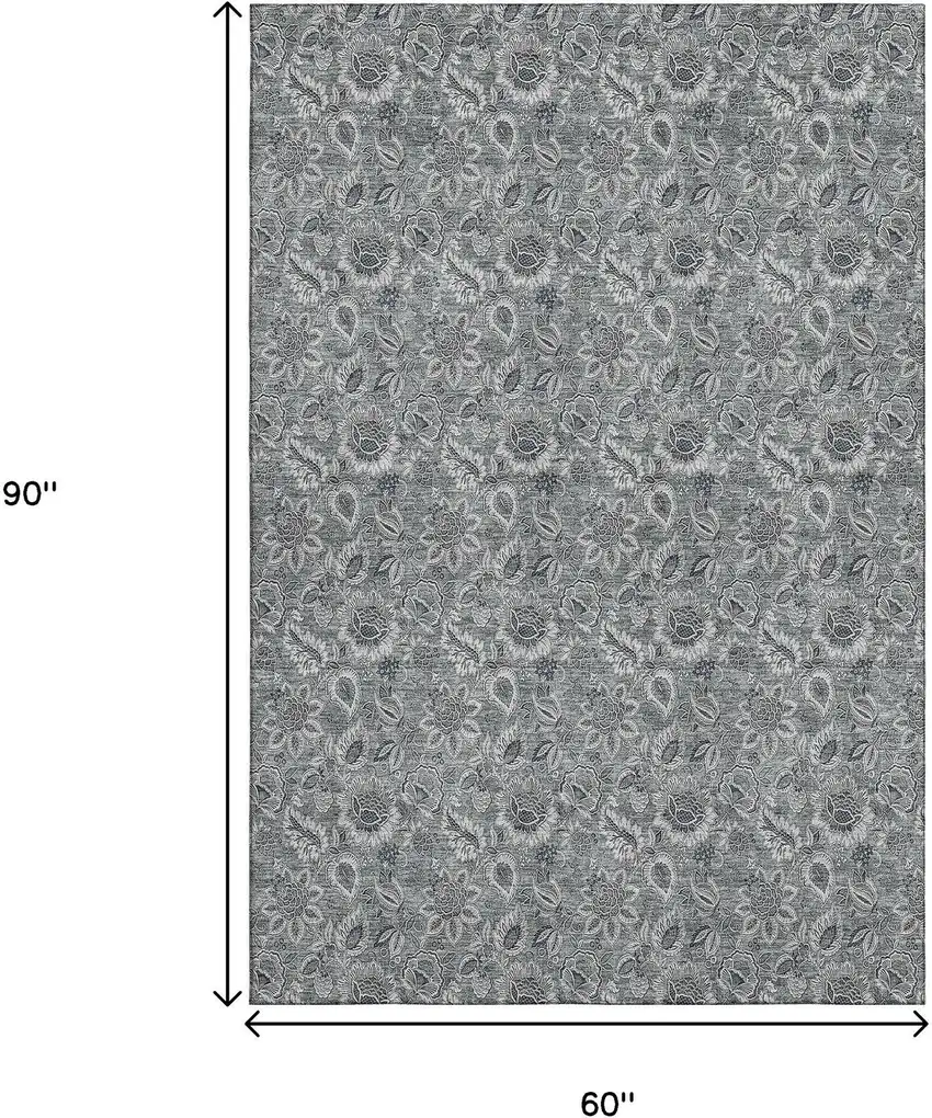 Gray And Silver Floral Washable Area Rug With UV Protection Photo 3