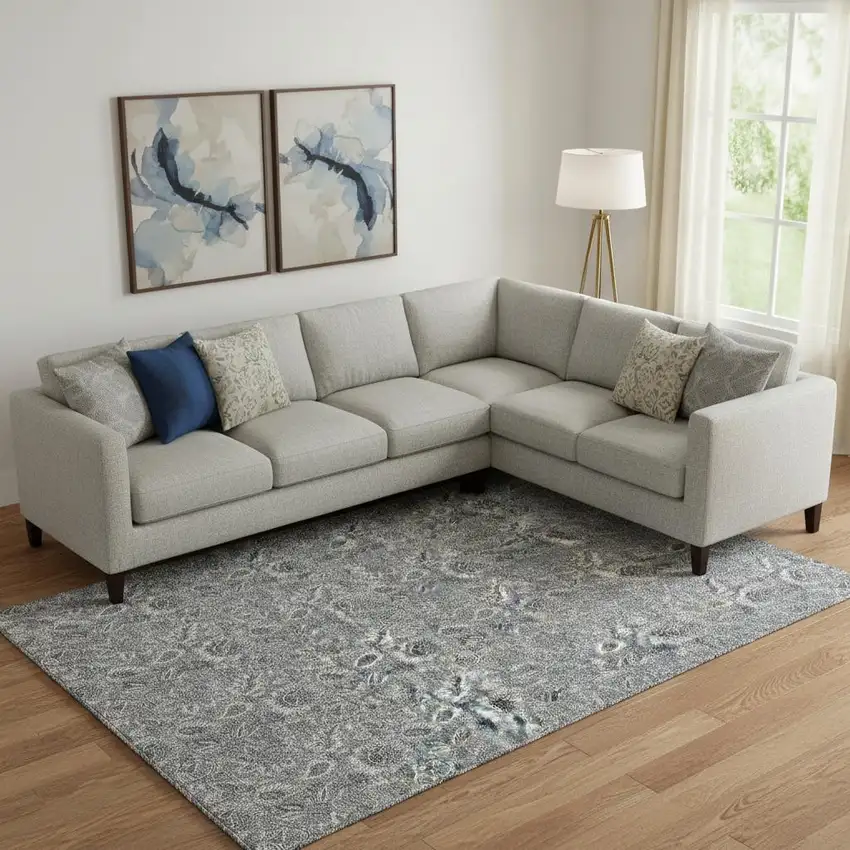 Gray And Silver Floral Washable Area Rug With UV Protection Photo 2