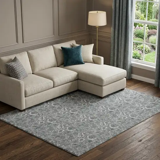 Gray And Silver Floral Washable Area Rug With UV Protection Photo 1