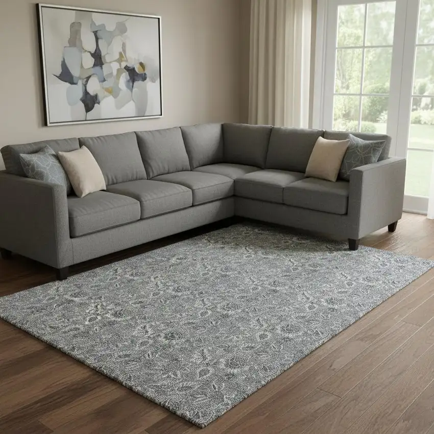 Gray And Silver Floral Washable Area Rug With UV Protection Photo 1