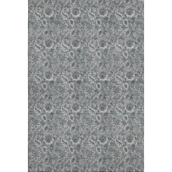 Gray And Silver Floral Washable Area Rug With UV Protection Photo 2