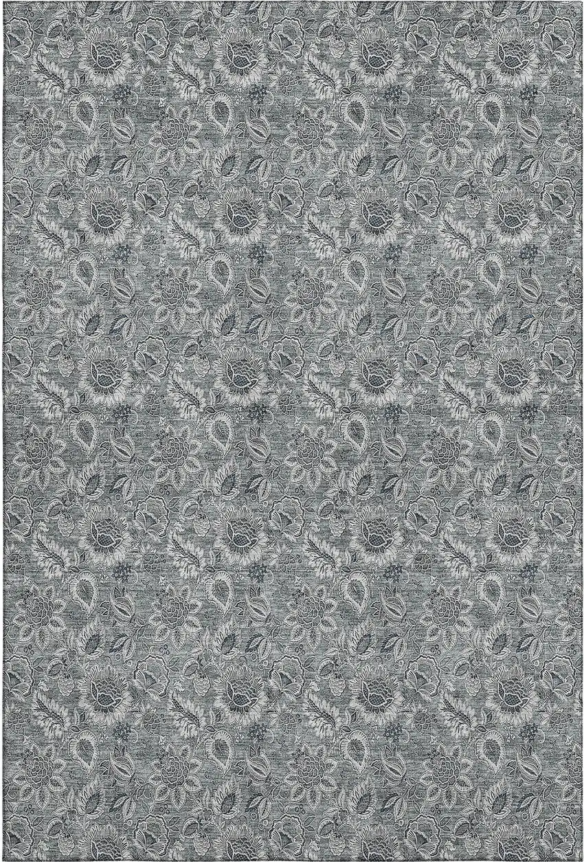 Gray And Silver Floral Washable Area Rug With UV Protection Photo 2