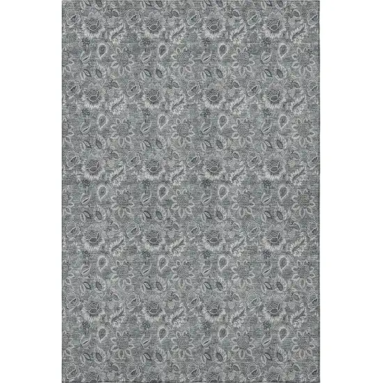 Gray And Silver Floral Washable Area Rug With UV Protection Photo 4