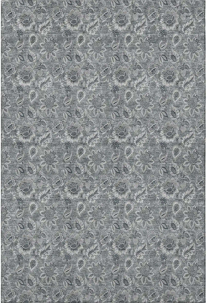 Gray And Silver Floral Washable Area Rug With UV Protection Photo 4