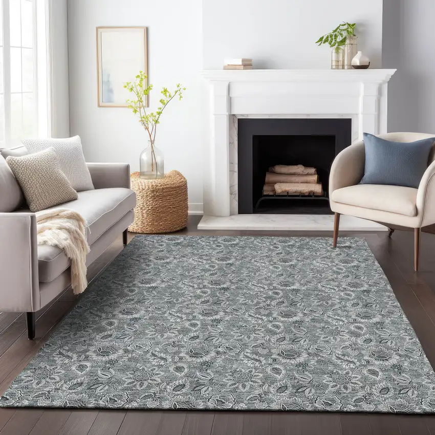 Gray And Silver Floral Washable Area Rug With UV Protection Photo 5
