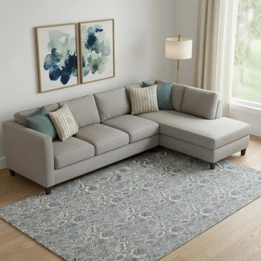 Gray And Silver Floral Washable Area Rug With UV Protection Photo 2